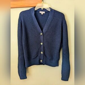 JCrew Women's cropped V-neck navy blue cotton cashmere cardigan size L